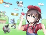  2girls ?_block ahoge aqua_eyes artillery_imp blastoise block blush braid clouds coin cosplay day fangs_out flower fusion goomba hair_flaps hair_ornament hair_ribbon hat headphones holding kantai_collection koopa_troopa lakitu looking_at_viewer mario mario_(cosplay) super_mario_bros. missile multiple_girls mushroom overalls pokemon red_shirt ribbon shigure_(kantai_collection) shirt single_braid smile super_mario_bros. supply_depot_hime tomahawk_missile turret 