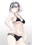  1girl alternate_costume armpits bare_arms bare_shoulders bikini black_bikini blush breasts cleavage collarbone fate_(series) groin hair_between_eyes headpiece jeanne_alter large_breasts midriff murio navel ruler_(fate/apocrypha) short_hair sideboob signature silver_hair skindentation swimsuit thighs under_boob yellow_eyes 