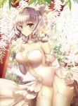  1girl alternate_costume blue_eyes breasts dress elbow_gloves eyebrows_visible_through_hair garter_straps gloves hair_between_eyes highres kantai_collection kashima_(kantai_collection) large_breasts long_hair meaomao silver_hair smile solo thigh-highs two_side_up wedding_dress white_dress white_gloves white_legwear 