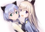  2girls animal_ears cat_ears eila_ilmatar_juutilainen green_eyes multiple_girls nannacy7 open_mouth sanya_v_litvyak silver_hair simple_background smile strike_witches violet_eyes world_witches_series 