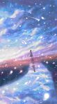  1girl ahoge brown_hair clouds commentary_request from_side grass highres kneehighs light_particles long_hair original outdoors reflection river sakimori_(hououbds) scenery skirt sky solo standing water 