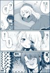  2girls 4koma atago_(kantai_collection) blush comic commentary_request kantai_collection long_hair long_sleeves migu_(migmig) military military_uniform monochrome multiple_girls short_hair takao_(kantai_collection) translation_request uniform younger 