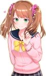  1boy akariko_(akaringo) blush brown_hair crossdressinging green_eyes idolmaster idolmaster_side-m long_hair looking_at_viewer male_focus mizushima_saki smile solo trap twintails 