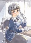  1girl adjusting_glasses bangs black_hair blunt_bangs brown_eyes chair commentary eyebrows_visible_through_hair glasses gloves hair_bun kantai_collection looking_at_viewer military military_uniform myoukou_(kantai_collection) short_hair skirt smile solo suzumaru thick_eyebrows uniform 