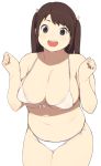  1girl accho_(macchonburike) bare_shoulders bikini black_eyes breasts brown_hair cleavage forearms_at_chest highres large_breasts long_hair navel open_mouth original plump revision simple_background smile solo sweat swimsuit tanuma_miyuki thick_thighs thighs two_side_up white_background white_bikini 