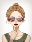  1girl blurry brown_eyes brown_hair buttons commentary_request depth_of_field english finger_to_mouth hair_tie highres minamito open_mouth original ponytail simple_background sleeveless solo sunglasses teeth upper_body 