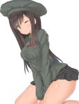  1girl a9b_(louis814) absurdres animal_ears between_legs breasts brown_hair federica_n_doglio green_eyes hand_between_legs highres leaning_forward lips long_hair looking_at_viewer medium_breasts military military_jacket military_uniform miniskirt one_eye_closed pleated_skirt shiny shiny_skin simple_background sitting skirt strike_witches uniform world_witches_series 