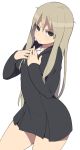  1girl @_@ accho_(macchonburike) bangs black_dress black_eyes brown_eyes cowboy_shot dress hair_between_eyes hands_on_own_chest hands_up highres long_hair long_sleeves looking_at_viewer original parted_lips short_dress simple_background solo sweatdrop thighs white_background 