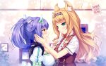  2girls :3 animal_ears artist_name bell blonde_hair blurry blurry_background bow breasts cat_ears character_name cinnamon_(sayori) curly_hair depth_of_field eye_contact eyebrows_visible_through_hair green_eyes hair_ribbon hand_on_another&#039;s_cheek hand_on_another&#039;s_face headdress jingle_bell large_breasts long_hair looking_at_another maid_headdress maple_(sayori) multiple_girls name_tag nekopara ponytail profile purple_hair ribbon sayori slit_pupils smile tears upper_body wallpaper yellow_eyes 