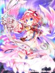  1girl :o arrow aurora blue_eyes blush bow_(weapon) breasts drawing_bow dress fortissimo fortissimo_hair_ornament g_clef glint gloves gyakushuu_no_fantasica hair_ornament hat highres midriff night night_sky official_art original pink_hair profile quiver rassie_s shiny short_hair sky small_breasts solo weapon white_dress white_gloves white_hat white_legwear 