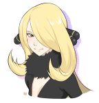  1girl blonde_hair hair_ornament hair_over_one_eye pokemon pokemon_(game) pokemon_dppt shirona_(pokemon) shirotsumekusa simple_background smile solo upper_body white_background 