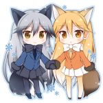  2girls :&gt; :o animal_ears arm_at_side black_bow black_footwear black_legwear black_scarf black_skirt blazer blonde_hair blue_blazer blue_necktie blue_outline bow brown_eyes buttons chibi closed_mouth extra_ears eyebrows_visible_through_hair eyelashes ezo_red_fox_(kemono_friends) fox_ears fox_tail full_body fur-trimmed_sleeves fur_trim gradient_hair gradient_legwear grey_hair hair_between_eyes hand_holding jacket kemono_friends korie_riko long_hair long_sleeves looking_at_viewer lowres mittens multicolored multicolored_clothes multicolored_hair multicolored_legwear multiple_girls necktie no_nose open_mouth orange_jacket outline pantyhose pleated_skirt scarf silver_fox_(kemono_friends) skirt smile snow snowflakes snowing standing tail triangle_mouth tsurime two-tone_hair two-tone_legwear very_long_hair white_background white_bow white_hair white_legwear white_scarf white_skirt yellow_legwear yellow_necktie 