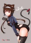  1girl absurdres animal_ears artist_name blush brown_hair cat_ears cat_tail collar cowboy_shot girls_frontline hairband highres looking_at_viewer mira pout red_eyes short_hair simple_background solo tail thigh-highs torn_clothes translated type_79_(girls_frontline) 