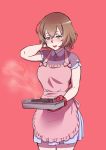  1girl amai_odayaka apron blue_skirt blush brown_hair cake cyan_eyes food hand_behind_head highres kjech mittens purple_shirt shirt skirt smile steam tray yandere_simulator 