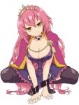  1girl black_legwear breasts cleavage highres large_breasts long_hair looking_at_viewer oda_nobunaga_(sengoku_collection) pink_hair sengoku_collection shiro_hougyoku smile solo squatting tiara very_long_hair yellow_eyes 