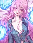  1girl :o breasts cleavage collarbone green_shirt hair_between_eyes hata_no_kokoro highres long_hair long_sleeves looking_at_viewer medium_breasts miata_(miata8674) pink_eyes pink_hair plaid plaid_shirt shirt solo touhou unbuttoned unbuttoned_shirt upper_body wing_collar 