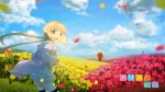  1boy 1girl alice_to_zouroku anchovy_(artist) blonde_hair bouquet clouds copyright_name field flower flower_field frilled_skirt frills hair_ornament hair_scrunchie hood hoodie horizon kashimura_sana kashimura_zouroku looking_at_viewer low_twintails motion_blur open_clothes open_hoodie open_mouth petals red_eyes scrunchie skirt solo_focus striped striped_legwear thigh-highs twintails wallpaper 