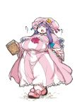  1girl bangs blunt_bangs blush book breasts bun_cover closed_eyes commentary d: double_bun fat hat heavy_breathing hiro_(h-net) huge_breasts long_hair mob_cap obese open_mouth patchouli_knowledge pink_shoes purple_hair shoes solo sweat thick_thighs touhou walking wide_hips 