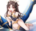  1girl bangs bare_shoulders barefoot black_hair black_legwear black_ribbon crystal detached_sleeves earrings fate/grand_order fate_(series) feet full_body hair_ribbon hsiao ishtar_(fate/grand_order) jewelry long_hair parted_bangs red_eyes ribbon single_thighhigh solo thigh-highs tohsaka_rin two_side_up 