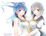 2girls :d blue_eyes blue_hair blush breast_press breasts cleavage commentary_request double_bun hair_ornament hair_over_one_eye hairclip hamakaze_(kantai_collection) highres hug kantai_collection large_breasts long_hair looking_at_viewer multiple_girls open_mouth pleated_skirt school_uniform serafuku short_hair silver_hair skirt sleeves_rolled_up smile symmetrical_docking tebi_(tbd11) urakaze_(kantai_collection) white_hair 