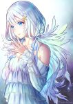  1girl angel angel_wings artist_name blue_eyes blush dress fingers_together frilled_dress frills hair_ornament original parted_lips profile shiny shiny_skin short_hair star star_hair_ornament steepled_fingers tamaki_mitsune white_dress white_hair white_wings wings 