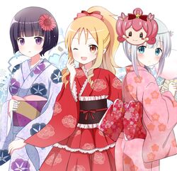  3girls aqua_eyes bandage black_hair blonde_hair bow brown_eyes cotton_candy drill_hair eromanga_sensei floral_print frilled_obi hair_bow highres hoshikuzu_witch_meruru izumi_sagiri japanese_clothes kimono lavender_kimono lavender_yukata long_hair looking_at_viewer mask meruru_(oreimo) multiple_girls ore_no_imouto_ga_konna_ni_kawaii_wake_ga_nai pink_kimono pointy_ears ponytail red_bow red_kimono ryoutan senju_muramasa short_hair sidelocks silver_hair twin_drills violet_eyes yamada_elf yukata 