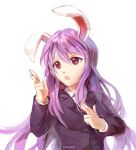  1girl :o animal_ears blazer finger_gun hand_gesture highres jacket lavender_hair long_hair metal_gear_(series) necktie open_mouth parody purple_hair rabbit_ears red_eyes red_necktie reddverse reisen_udongein_inaba shirt simple_background solo touhou white_background white_shirt you&#039;re_pretty_good 