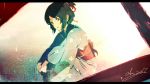  1girl 2017 black_hair braid brown_eyes commentary_request fan hair_ribbon highres japanese_clothes kimi_no_na_wa kimono miyamizu_mitsuha obi red_ribbon ribbon sash sexysinsi2 signature squatting yukata 