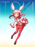  1girl absurdres bangs blunt_bangs head_wings highres japanese_crested_ibis_(kemono_friends) kemono_friends long_hair long_sleeves looking_at_viewer multicolored_hair mushi_aoi pantyhose pink_hair red_legwear solo tail two-tone_hair 