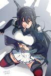  1girl black_gloves black_hair breasts coat commentary_request elbow_gloves fingerless_gloves from_above gloves hair_between_eyes headgear ikeshita_moyuko kantai_collection large_breasts long_hair looking_at_viewer miniskirt nagato_(kantai_collection) navel pleated_skirt red_eyes remodel_(kantai_collection) sidelocks skirt solo thigh-highs thighs tongue tongue_out 