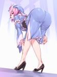  1girl akanagi_youto arched_back ass bent_over black_shoes blue_dress breasts dress eyebrows_visible_through_hair frills full_body hand_on_own_leg hat high_heels japanese_clothes kimono long_sleeves looking_at_viewer looking_back mob_cap open_mouth pink_eyes pink_hair ribbon saigyouji_yuyuko sash shoes short_hair solo standing touhou triangular_headpiece wide_sleeves 