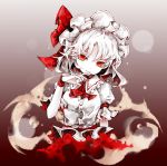  1girl absurdres ascot fingernails hat hat_ribbon head_tilt highres light_smile looking_at_viewer mob_cap nail_polish puffy_short_sleeves puffy_sleeves red_eyes red_nails red_ribbon remilia_scarlet ribbon sharp_fingernails short_sleeves solo touhou upper_body white_hair wrist_cuffs yutapon 