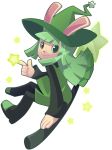  1girl broom broom_riding cucumber_quest dress green_dress green_hair hat mary_cagle peridot_(cucumber_quest) rabbit smile transparent_background witch_hat 