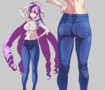  1girl arm_up ass breasts cleavage collarbone denim don_(rg06268) eyebrows_visible_through_hair front-tie_top gluteal_fold grey_background hand_on_hip highres jeans large_breasts long_hair macross macross_delta midriff mikumo_guynemer multicolored_hair multiple_views navel pants parted_lips purple_hair red_eyes shiny shiny_skin shirt simple_background standing sweat thigh_strap tied_shirt very_long_hair wet wet_clothes wet_shirt 