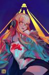  1girl brown_eyes fur_trim glasses godsh0t headphones jacket long_hair looking_at_viewer open_clothes open_jacket open_mouth orange_hair persona persona_5 sakura_futaba solo thigh-highs 