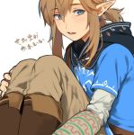  1boy blonde_hair blue_eyes blush link long_hair looking_at_viewer male_focus open_mouth pointy_ears ponytail roda_(roda826) smile solo the_legend_of_zelda the_legend_of_zelda:_breath_of_the_wild 