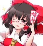  1girl ascot bespectacled black_hair bow detached_sleeves glasses hair_bow hair_tubes hakurei_reimu ofuda one_eye_closed red-framed_eyewear red_eyes semi-rimless_glasses shiohachi simple_background solo touhou under-rim_glasses upper_body white_background yellow_ascot 
