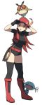  &gt;:o 1girl :o accho_(macchonburike) animal_request bangs baseball_cap black_gloves black_legwear black_leotard boots breasts cropped_jacket full_body gloves hat hoothoot jacket knee_boots legs_apart leotard long_hair medium_breasts open_clothes open_jacket open_mouth orange_hair pokeball_symbol pokemon pokemon_(creature) red_boots red_eyes rope short_sleeves simple_background solo standing teeth thigh-highs thighs white_background wooper 