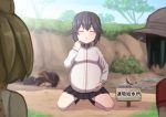  animal_ears big_belly black_hair black_skirt blonde_hair breasts bucket_hat closed_eyes fish hand_on_own_stomach hat hayasui_(kantai_collection) hippopotamus_(kemono_friends) inflation kaban_(kemono_friends) kantai_collection kemono_friends kneeling long_hair long_sleeves lying misumi_(niku-kyu) multicolored_hair multiple_girls on_stomach pleated_skirt pointing pointing_at_self puddle red_shirt serval_(kemono_friends) serval_ears serval_print shirt short_hair signpost skirt solo_focus splashing two-tone_hair 