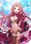  1girl :d antweiyi blue_sky breasts brown_eyes brown_legwear cleavage clouds day garter_straps long_hair medium_breasts midriff navel open_mouth original outdoors outstretched_hand petals pink_hair red_eyes scepter sky smile standing tiara wide_sleeves 