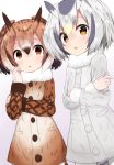  2girls blush brown_coat brown_eyes brown_hair coat coat_dress crossed_arms doorknoble eurasian_eagle_owl_(kemono_friends) fur_collar hair_between_eyes head_wings highres kemono_friends long_sleeves looking_at_viewer multicolored_hair multiple_girls northern_white-faced_owl_(kemono_friends) open_mouth short_hair white_background white_coat white_hair wings 