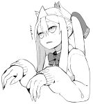  1girl accho_(macchonburike) animal_ears bangs blush cardigan fang fingernails greyscale hair_between_eyes hands_up jitome long_hair monochrome original parted_lips school_uniform sharp_fingernails side_ponytail sidelocks solo 