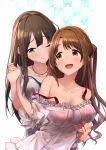  2girls baffu blue_eyes blush breasts brown_eyes brown_hair cleavage commentary_request couple dress female hand_holding hand_on_another&#039;s_chest highres hug hug_from_behind idolmaster idolmaster_cinderella_girls jewelry large_breasts long_hair medium_breasts multiple_girls mutual_yuri necklace one_eye_closed open_mouth shibuya_rin shimamura_uzuki sidelocks smile strap_slip tareme twintails upper_body white_background yuri 