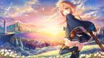  1girl :d bird black_boots black_gloves blonde_hair blue_capelet blue_skirt blush boots capelet celeste_(destiny_chronicles) clouds cloudy_sky commentary_request destiny_chronicles fantasy field flock flower flower_field frilled_skirt frills gloves grass green_eyes highres holding holding_sword holding_weapon lake looking_at_viewer looking_back official_art one_leg_raised open_mouth pierorabu pouch scenery short_hair skirt sky smile solo standing standing_on_one_leg sunset sword teeth thigh-highs tower town wallpaper weapon zettai_ryouiki 