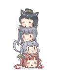  4girls :3 animal_ears arare_(kantai_collection) asagumo_(kantai_collection) black_hair blush brown_hair cat_ears cat_tail closed_eyes closed_mouth eyelashes grey_hair hair_ribbon hat kantai_collection kasumi_(kantai_collection) long_hair multiple_girls nuno_(pppompon) ribbon short_hair side_ponytail stacking tail twintails yamagumo_(kantai_collection) 