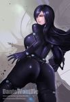  1girl ass bent_over black_bodysuit black_hair bodysuit breasts brown_eyes cowboy_shot dantewontdie deviantart_username from_behind gantz gantz_suit gun hair_over_one_eye highres holding holding_gun holding_weapon large_breasts long_hair looking_away parted_lips patreon_username rifle shimohira_reika skin_tight solo watermark weapon web_address 