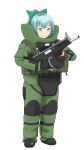  1girl bomb_suit green_hair gun highres kantai_collection maaranto military ponytail shotgun sparkle weapon yuubari_(kantai_collection) 