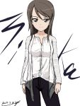  1girl artist_name bangs black_pants blouse brown_eyes brown_hair bukkuri casual character_name closed_mouth cowboy_shot dated english girls_und_panzer highres jacket light_smile long_hair long_sleeves looking_at_viewer mika_(girls_und_panzer) open_clothes open_jacket pants signature simple_background sketch solo standing striped_jacket white_background white_blouse white_jacket 
