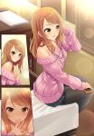  1girl bare_shoulders black_legwear blush brown_eyes brown_hair cellphone comic commentary_request highres houjou_karen idolmaster idolmaster_cinderella_girls kazu lens_flare long_hair looking_at_viewer pantyhose phone ribbed_sweater silent_comic smartphone smile solo sweater 