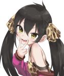  1girl :d bangs black_hair blush breasts eyelashes finger_to_mouth fingernails from_side hair_between_eyes hair_ribbon idolmaster idolmaster_cinderella_girls jacket long_fingernails long_hair long_sleeves looking_at_viewer looking_to_the_side matoba_risa off_shoulder open_clothes open_jacket open_mouth pink_jacket ribbon round_teeth sidelocks simple_background sleeveless sleeves_past_wrists small_breasts smile solo strap_slip teeth tsurime twintails upper_body white_background yamamoto_souichirou yellow_eyes 